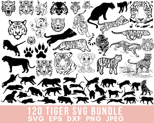 120 Tiger SVG Bundle Tiger Vector Tiger Silhouette Tiger Clipart Tiger cut file Year of the Tiger head wildflife animal Svg files for cricut