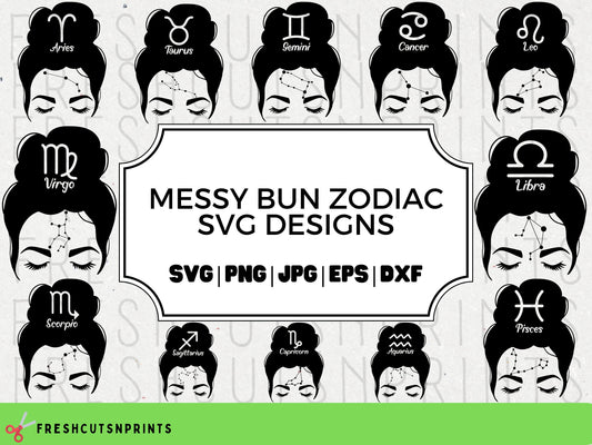 Messy Bun Zodiac Bundle, Messy Bun svg, Zodiac svg, Momlife svg, Astrology svg, Star sign svg, Constellations svg, Aries svg, Virgo svg