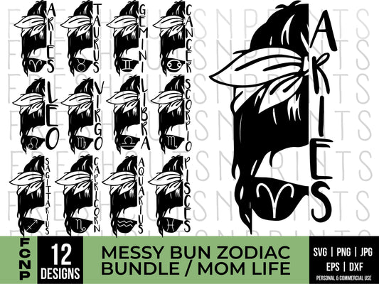 Messy Bun Zodiac SVG Bundle, Messy Bun svg, Mom Life svg, Momlife svg, Astrology svg, Star sign svg, Aries svg, Pisces svg, Sagittarius svg