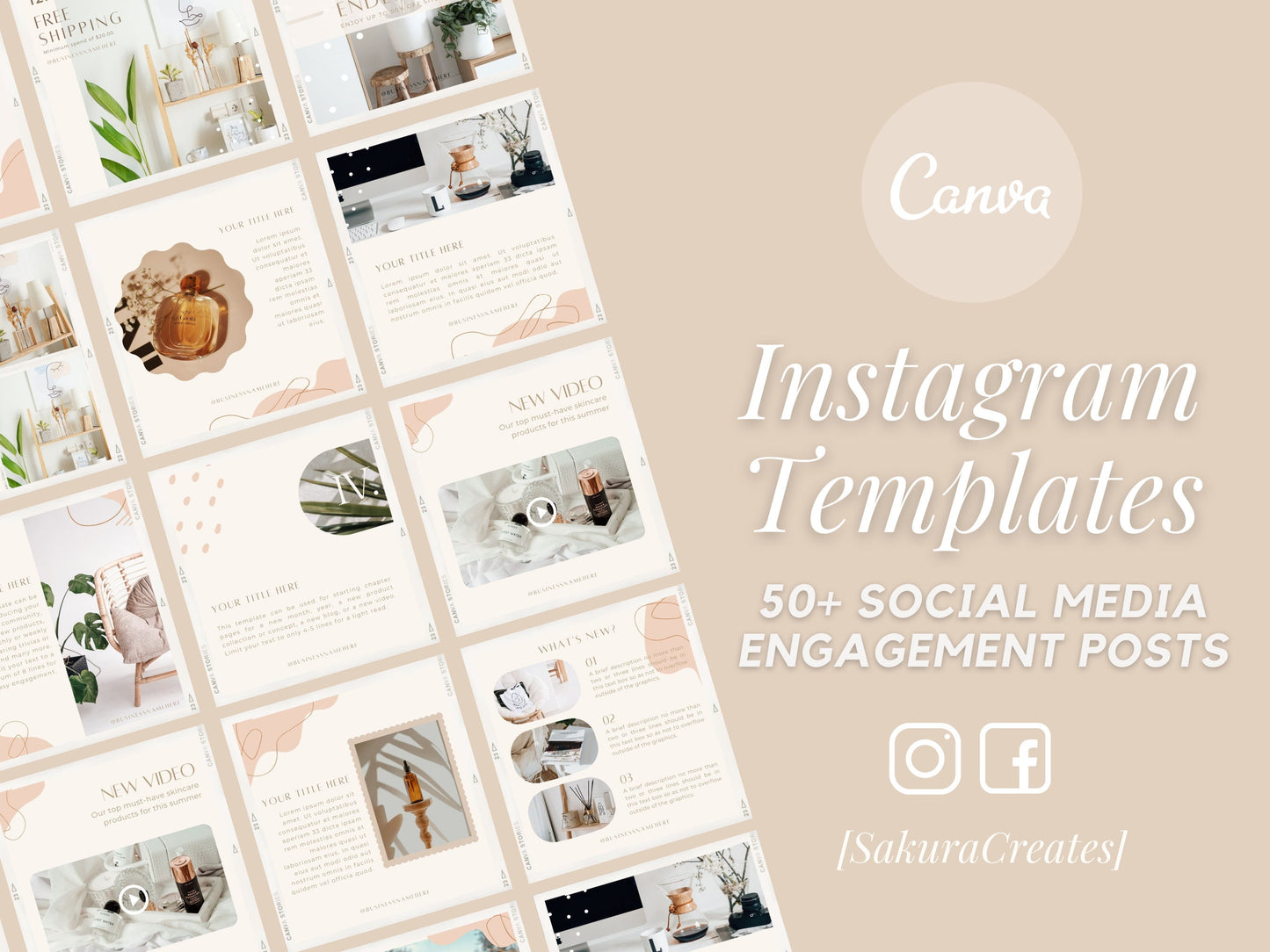 50+ Instagram Templates for Canva - Engagement Booster, Canva Blogger Templates, Social Media Template, Boho Template, Instagram Post