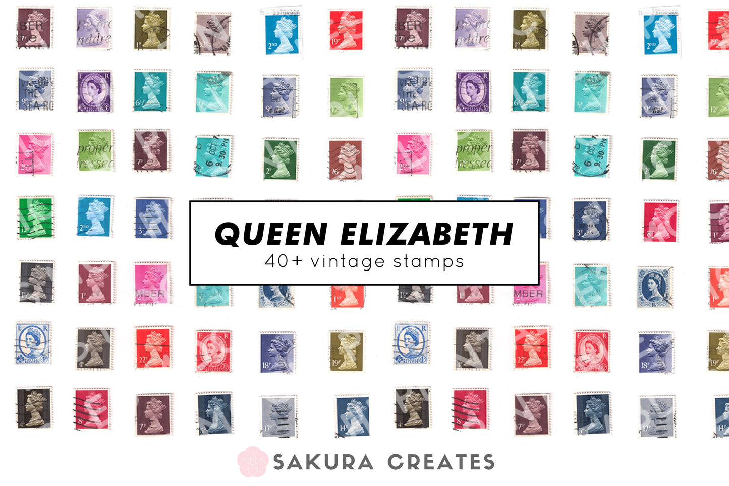 40+ Queen Elizabeth Vintage Stamps for Junk Journaling Printable, Digital Download Paper Vintage Ephemera Sheets Bullet Journaling Scrapbook