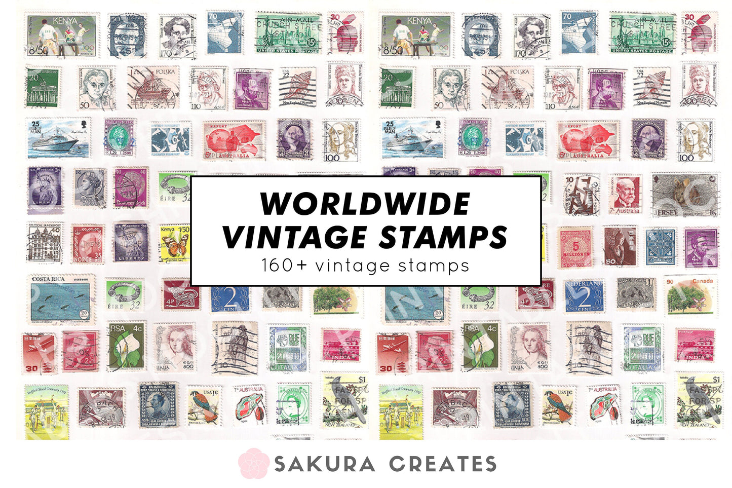 160+ Worldwide Vintage Stamps, Printable Digital Download Paper Vintage Ephemera Scrapbook Printable Junk Journaling Supplies SakuraCreates