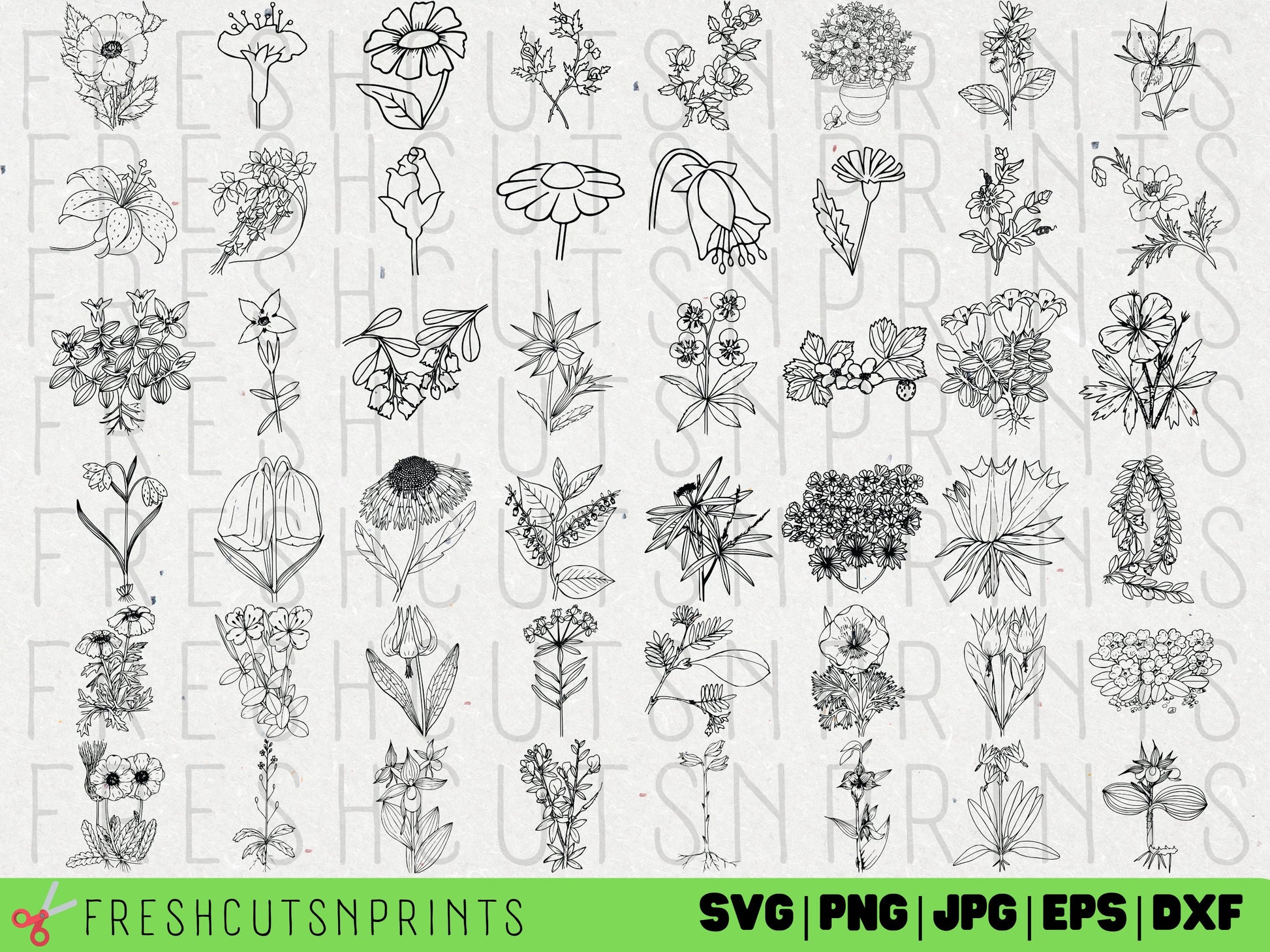 Wildflowers SVG, Flower SVG, Floral SVG, Hand Drawn Flowers SVG, PNG, DXF,  EPS, Cut Files for Cricut and Silhouette